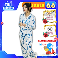 Đồ bộ pyjama nữ, đồ mặc nhà VILADY - B115 kiểu tay dài quần dài họa tiết lá xanh, chất liệu lụa Pháp ( lụa latin) siêu mát