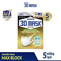 Combo 5 Khẩu trang Unicharm 3D Mask Premium Nẹp Mũi Siêu Bảo Vệ size M gói 5 miếng