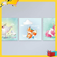Bộ 3 tranh cho trẻ em “Voi, cáo và kỳ lân” | Tranh trang trí phòng ngủ em bé W3375