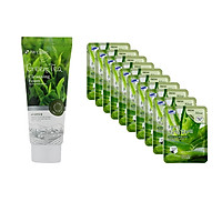 Combo Sữa rửa mặt chiết xuất từ trà xanh 3W CLINIC GREEN TEA CLEANSING FOAM và Bộ 10 gói mặt nạ dưỡng ẩm da chiết xuất nha đam 3W Clinic Fresh Aloe Mask Sheet
