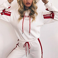 Autumn 2 Piece Set Women Side Stripe Tracksuit Sportswear Casual White Sweat Harem Pants Hooded Cropped Sweatshirt Hoodie