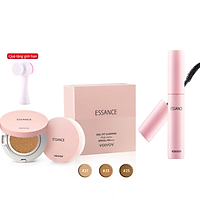 Combo Phấn nước mịn lâu trôi mờ khuyết điểm Essance Veil Fit Cushion SPF50+ PA+++ No 25 và Mascara làm dày và cong mi Tặng cọ rửa mặt