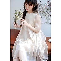Đầm bầu dự tiệc cao cấp organza đầm bầu xinh công sở màu be nhạt