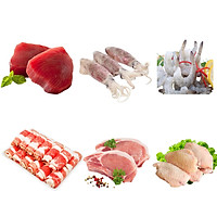 COMBO 92 : 500gr Cá ngừ cắt lát + 1kg Mực trứng làm sạch + 1kg Tôm thẻ lột vỏ còn đuôi + 500gr Ba chỉ bò Mỹ cuộn + 1kg Cốt lết heo + 1kg Cánh gà khúc giữa
