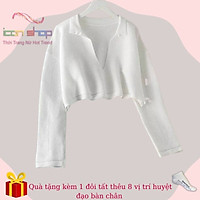 Áo Croptop Nữ Dệt Kim Tay Dài Thiết Kế Cổ Chữ V Quyến Rũ Xinh Xắn Cho Nữ Màu Trắng Tặng Kèm Quà Siêu Hót