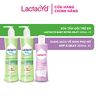Bộ 2 chai Sữa Tắm Gội Trẻ Em Lactacyd Baby Extra Milky 500ml+ 1 Dung Dịch Vệ Sinh Soft & Silky Dưỡng Ẩm 250ml