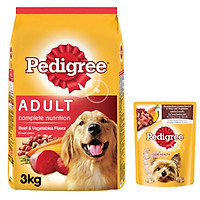 Combo thức ăn cho chó Pedigree 3kg vị thịt bò và rau củ + sốt chó con Pedigree 80g vị bò nướng và rau
