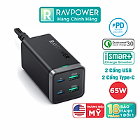 Củ Sạc Điện Thoại 2 Cổng USB-A và 2 Cổng Type-C PD 65W QC 3.0 RAVPower RP-PC136 - Hàng Chính Hãng