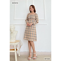 Đầm caro tay dài cổ U chun eo BEMINE MT1660DA