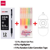 Deli Student Taking-Note Set 6pcs Watercolor Pen Fluorescence Marker Marking Highlighters 12pcs 0.5mm Gel Pen Business Signature Pen Student Exam Pen 1pcs Mini Correction Tape Typo Amending Tools