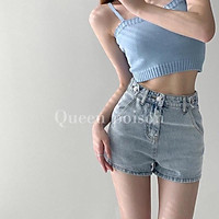 Freeship quần sooc bò lưng cao vintage hoạ tiết thêu trái tim