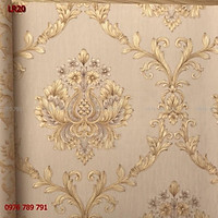 Giấy Dán Tường Phòng Khách Hoa Văn Châu Âu Màu Vàng in Nổi, Lụa Không Keo, Khổ 10m x 53 cm