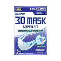 Khẩu trang ngăn khói bụi Unicharm 3D Mask Super Fit (Ngăn được bụi mịn PM10) gói 5 miếng