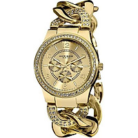 Akribos XXIV Women's Crystal Multifunction Watch - Genuine Crystals On Bezel and Bracelet- 3 Subdials, Day, Date and GMT On Twist Chain Link Bracelet - AK558