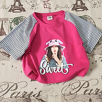 Áo thun croptop bé gái phối sọc xinh màu y hình cotton xinh mát