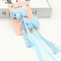 Kẹp tóc bướm hạt trắng gắn tua rua voan lụa Cài tóc cổ trang xinh xắn dễ thương (Chiếc)