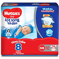 Tã Dán Sơ Sinh Huggies NB74 (Dưới 5kg) - Gói 74 Miếng - Tặng 8 miếng