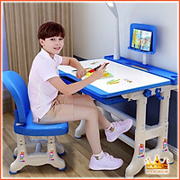 Bàn học thông minh chống gù cho bé, bàn học sinh tiểu học gỗ có đèn Led bảo vệ mắt - A17