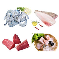 Combo 22: 1kg tôm sú lột vỏ còn đuôi + 500gr cá mú fillet + 500 đuôi cá ngừ fillet + 500gr sụn cá cờ gòn