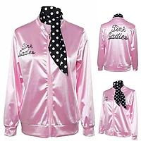 Woman Fashion Letters Printing Baseball Uniform Pink Ladies Satin Jacket with Polka Dot Scarf