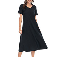 Women Plus Size Loose Dress V Neck Short Sleeves Pockets Vintage Holiday Beach Dress S-5XL