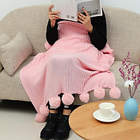 Reversible Pom Pom Knitted Throw Crochet Blanket Cotton Rug Bed Sofa Home Decor