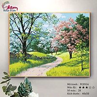 Tranh tự tô màu theo số sơn dầu số hóa Tranh phong cảnh mùa xuân Đường mòn trong rừng hoa PC0916