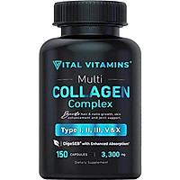 Multi Collagen Pills (Types I,II,III,V,X) 150 Capsules 3300 mg Grass Fed Collagen Peptides Enhanced Absorption for Anti-Aging, Hair Growth & Nails, Healthy Joints & Skin, Hydrolyzed Protein Supplement