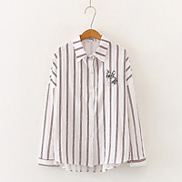 Ladies Elegant Shirt Harajuku Style Puppy Embroidered Cotton Blouse Casual Women Stripe Long Sleeve Tops and Blouses