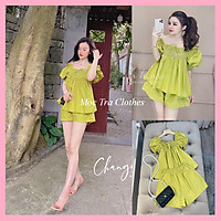 Set bộ xanh cốm tay bồng kiểu dáng babydoll chun ngực cổ vuông siêu xinh, Set kiểu nữ đi biển đi chơi màu xanh hot trend