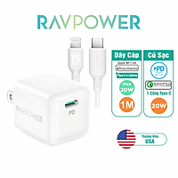Combo Củ Sạc Nhanh iPhone iPad RAVPower RP-PC150 20W Và Cáp Type C to Lightning MFI C94 20W 1m RP-CB054 - Hàng Chính Hãng