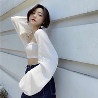 Set Áo Quây Tăm Tay Bồng MAYON Bộ croptop body kèm áo khoác cardigan mini màu trắng bánh bèo Ulzzang