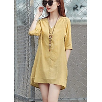 Đầm suông tay lỡ xẻ tà phong cách Hàn Quốc - DS37 - Vàng - M