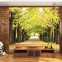 Tranh dán tường 3D mùa thu vàng con đường - vải lụa phủ kim sa (Kích thước theo yêu cầu)