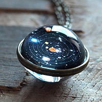 Solar System Necklace Pendant, Planet Necklace Double Sided Glass Dome 16mm