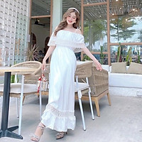 Đầm maxi đu biển rớt vai phối ren, váy đi biển