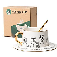 Set cốc sứ và đĩa uống cafe có kèm thìa in hình mèo 250ml