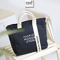 Túi vải Hàn Quốc, túi đeo chéo vải canvas phối chữ Fashion Moment thời trang Covi nhiều màu sắc T11-M-Màu Đen