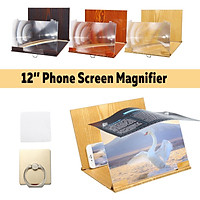 12'' Wood Phone Screen Magnifier Stereoscopic Amplifying Desktop Mount Holder --- Brown / Gold / Black