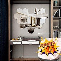 Set 5 Bộ 12 miếng gương dán tường 3D hình lục giác 11x11