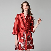 Set Váy ngủ hai dây kèm áo choàng ngủ kiểu kimono in hình hạt sang trọng (đỏ mận)