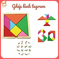 Đồ chơi xếp hình Tangram tranh ghép gỗ 7 miếng trong hộp vuông 11.7 x 11.7 x 1cm