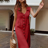 Đầm cotton mùa hè Linen không tay có nút túi Cổ điển