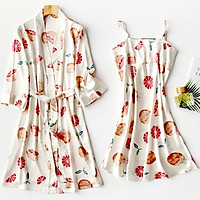 Set váy ngủ lụa dễ thương với họa tiết trái cam xinh xắn kèm áo choàng kimono sang trọng