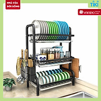 Kệ chén bát đĩa 2 tầng INOX 304 cao cấp sơn đen tĩnh điện kèm khay ráo nước VANDO, giá kệ úp bát khô ráo trên bàn bếp gọn gàng, sạch sẽ, kệ đa năng tiết kiệm không gian