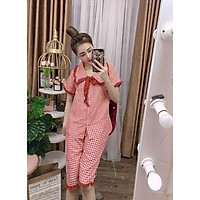 Đồ bộ tiểu thư caro mặc nhà nữ kiểu áo tay ngắn quần lững, chất lụa mềm mịn, form thoải mái thời trang hè
