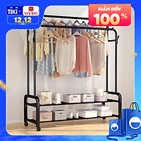 Giá treo quần áo đôi kèm Kệ để giày dép có bánh xe di chuyển phong cách Hàn Quốc hàng chuẩn siêu tiện lợi, kệ giày dép giá phơi đồ kệ treo quần áo Vando
