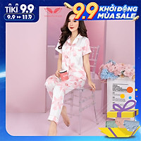VINGO Bộ Đồ Mặc Nhà Pyjama Nữ Chất Liệu Lụa Pháp Cao Cấp Tay Cộc Quần Dài Họa Tiết Hồng Thanh Lịch Hiện Đại H478 VNGO