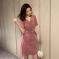 Váy suông rút ngực cổ tim màu hồng xinh xắn