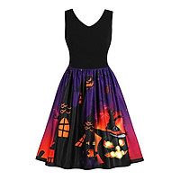 Women's Halloween Sleeveless V Neck Pumpkins Evening Costume Swing Dress
